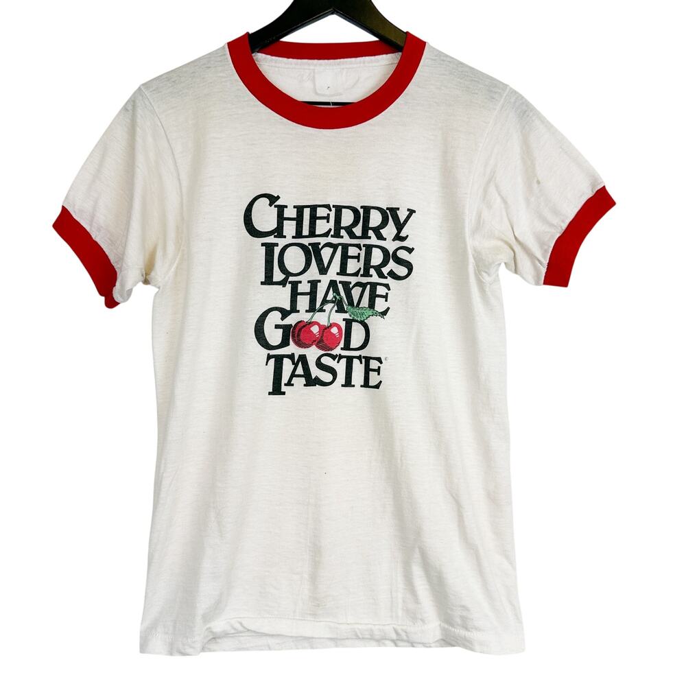Vintage Cherry Lovers Have Good Taste Ringer TShirt White Red Single Stitch - S